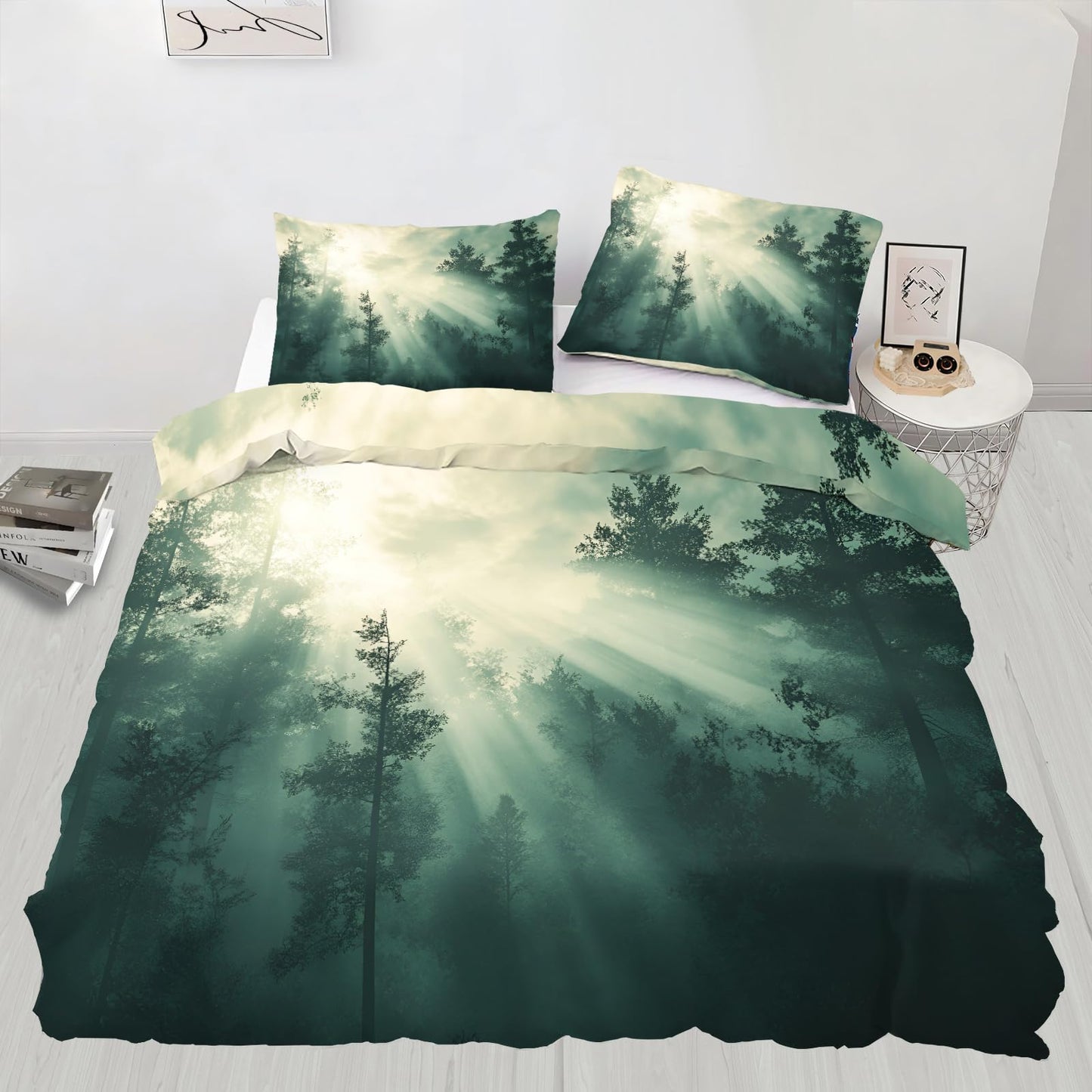PAISUOQ Misty Forest Duvet Cover King, Fir Trees Comforter Cover with Zipper Ties, Natural Landscape Bedding Set, 3 Pieces with 2 Pillow Cases, Home Decor & Gifts