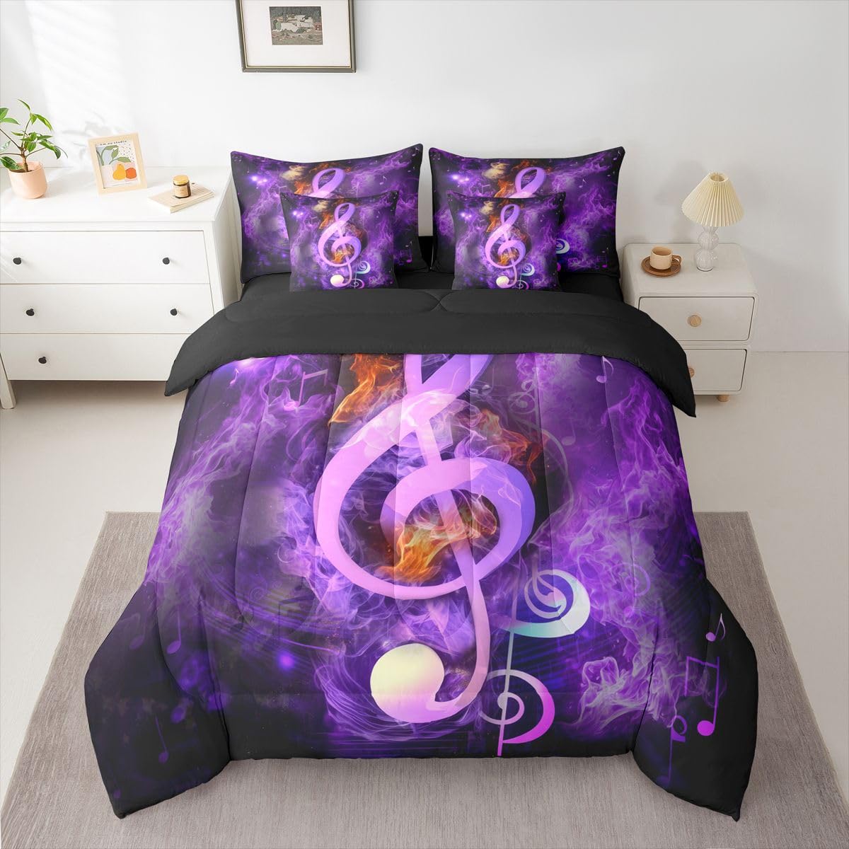 Erosebridal Musical Notes 7 Piece Comforter Set Full Bed in a Bag,Music Bedding Sets Watercolor Hippie Pop Sheet Set with Comforter