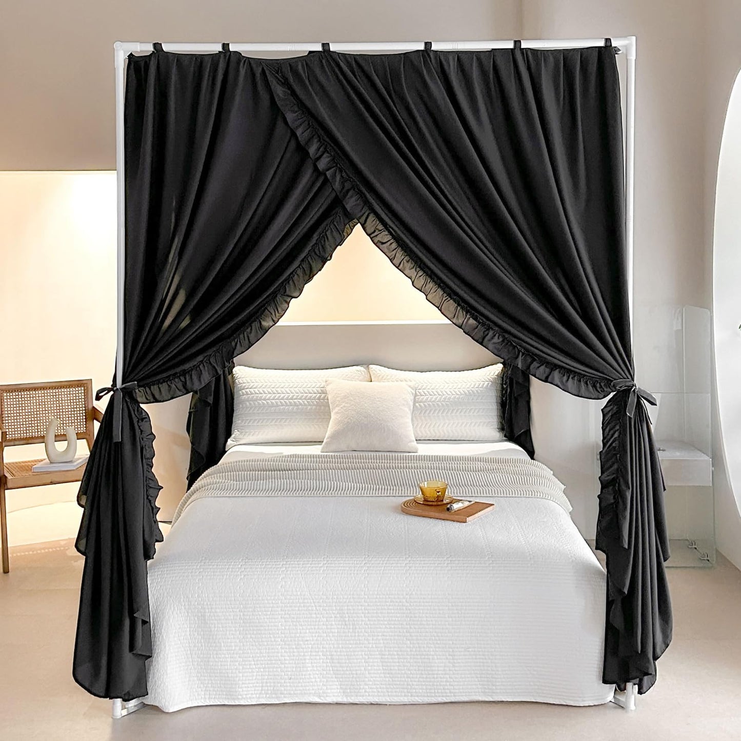AIKASY Princess Canopy Bed Curtains with Top Ties - Windproof & Lightproof for Girls' Adult Bedroom Decor | Bed Canopy Drapes (King,Black)
