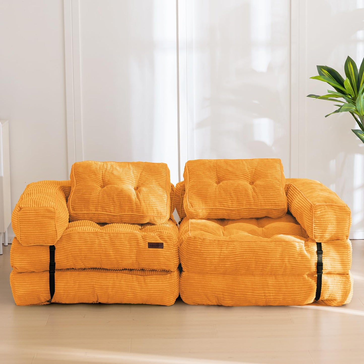 MAXYOYO Folding Sofa Bed, L-Shaped Convertible Sofa Bed Foldable Couch with Pillow, Portable Fold Out Chair Lounge for Living Room Bedroom, Orange