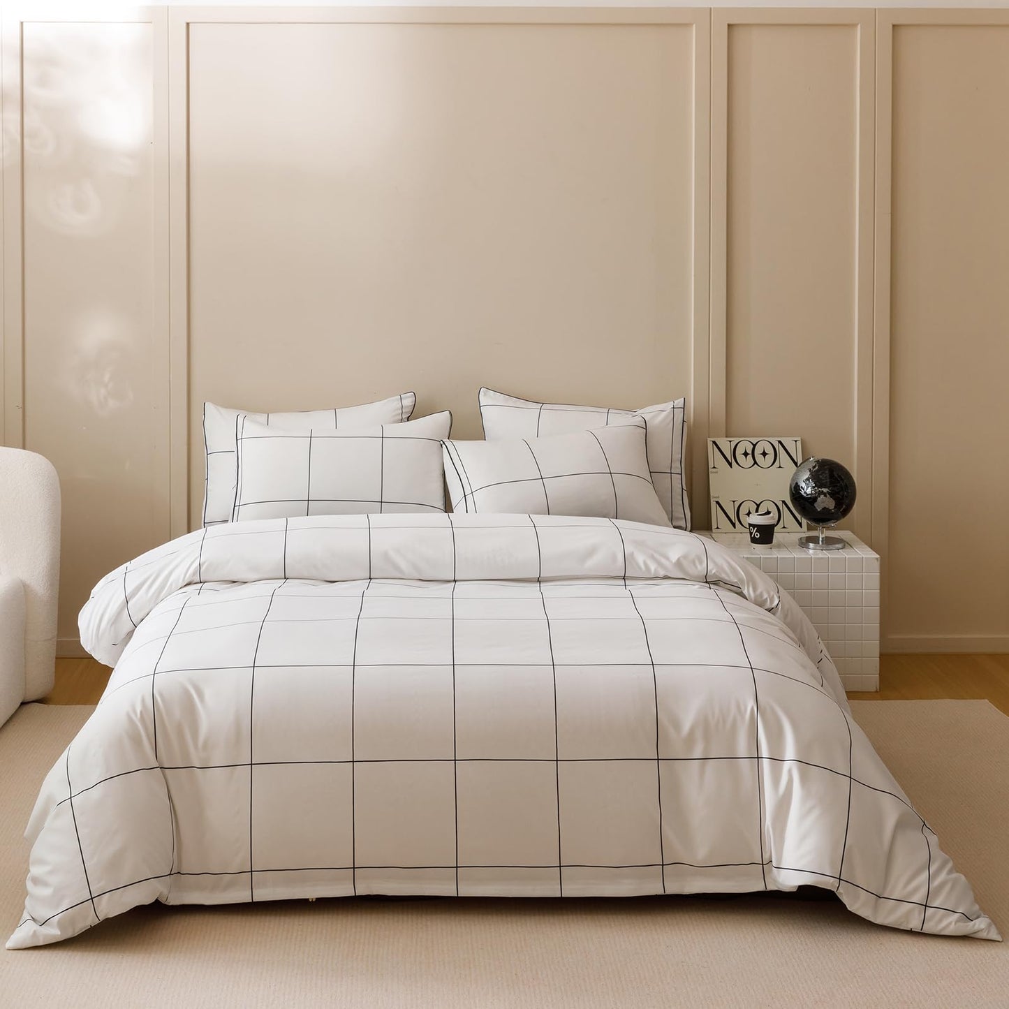 KAREVER White Grid Comforter Full Women Black Square Lines Checkered Bedding Set Full White Plaid Comforter Full Size