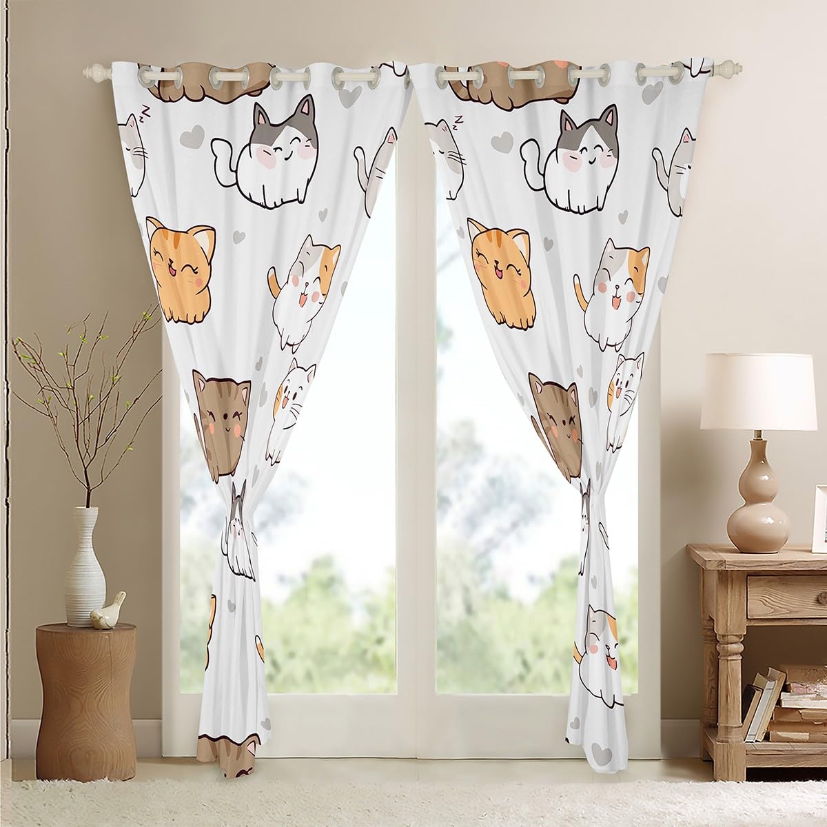 Erosebridal Cute Kitten Curtains & Drapes Kawaii Cat Curtain, Lovely Pet Blackout Curtains Gray Love Print Living Room Treatments, Animal Themed Window Drapes Kids Room Decor