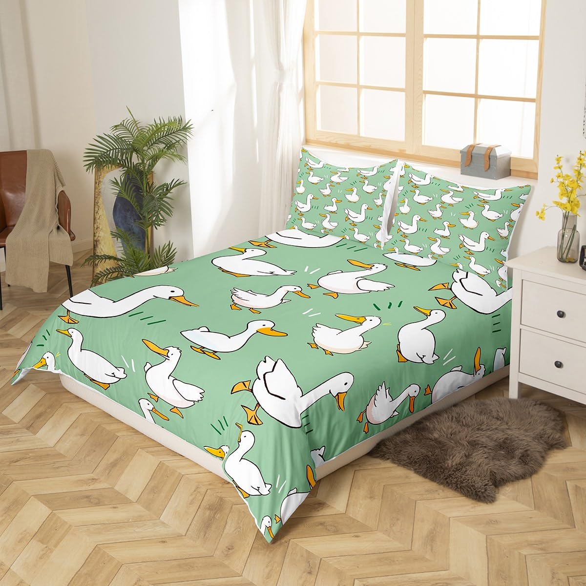 Cartoon Duck Duvet Cover Set Full Size,Cute Farmhouse Livestock Animal Comforter Cover with 2 Pillowcases,Lovely Green Natural Themed Bedding Set for Girls Teens Present, Soft Microfiber