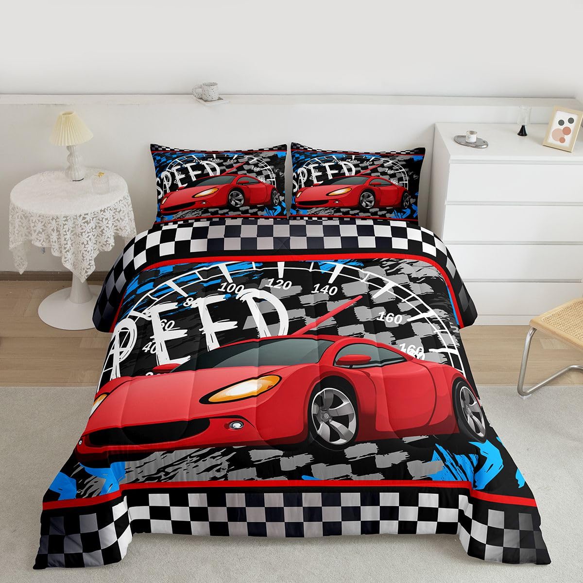 Feelyou Boys Race Car Bedding Set Cool Race Sports Car Set Comforter Set for Kids Boys Sports Theme Duvet Set Checkered Comforter Red 1 Comforter Set with 1 Pillowcase Twin Size