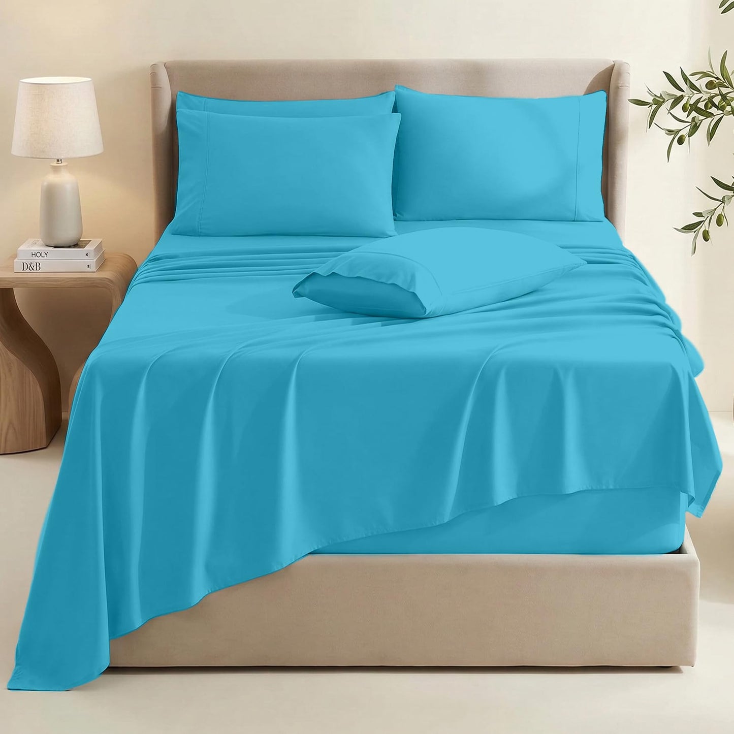 Hearth & Harbor Extra Deep Pocket Queen Sheets Sets - Fits Mattress 18-24 Inches Deep - Extra Deep Pocket Sheets - 6 Piece Queen Size - Beach Blue