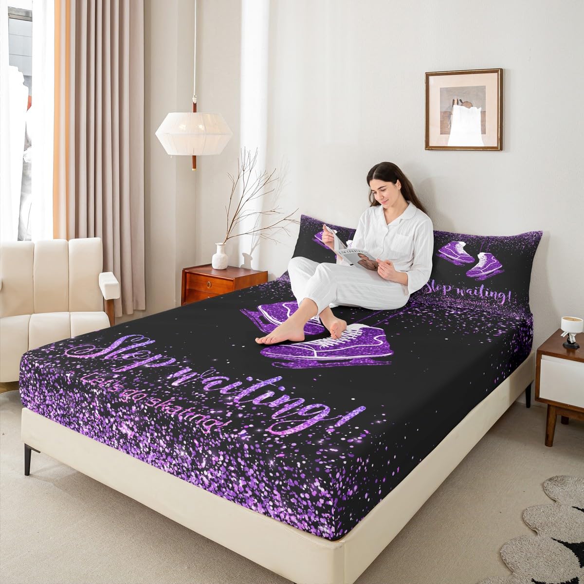 Homewish Skate Shoes Fitted Sheet Queen Size,Ice Skating Game Bedding Set 3pcs for Kids Teens Girls Boys Room Decor,Extreme Sport Bed Cover Glitter Purple Bed Sheet Set with 2 Pillowcases
