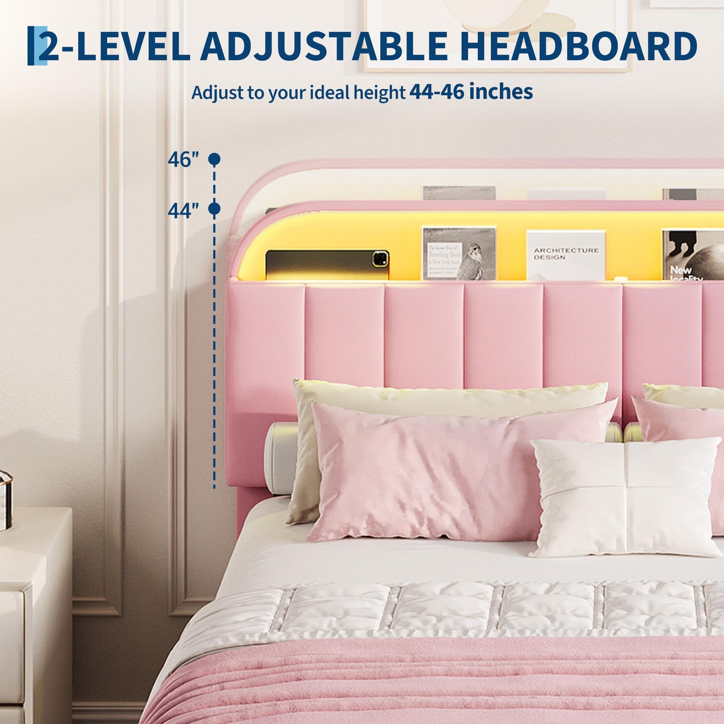 Garvee Full Size Bed Frame with 2 Flexible Drawers, Velvet Upholstered Platform Bed Frame with Bookcase Headboard and LED Lights, Kids Bed for Girls, Easy Assembly, Noise Free, Pink