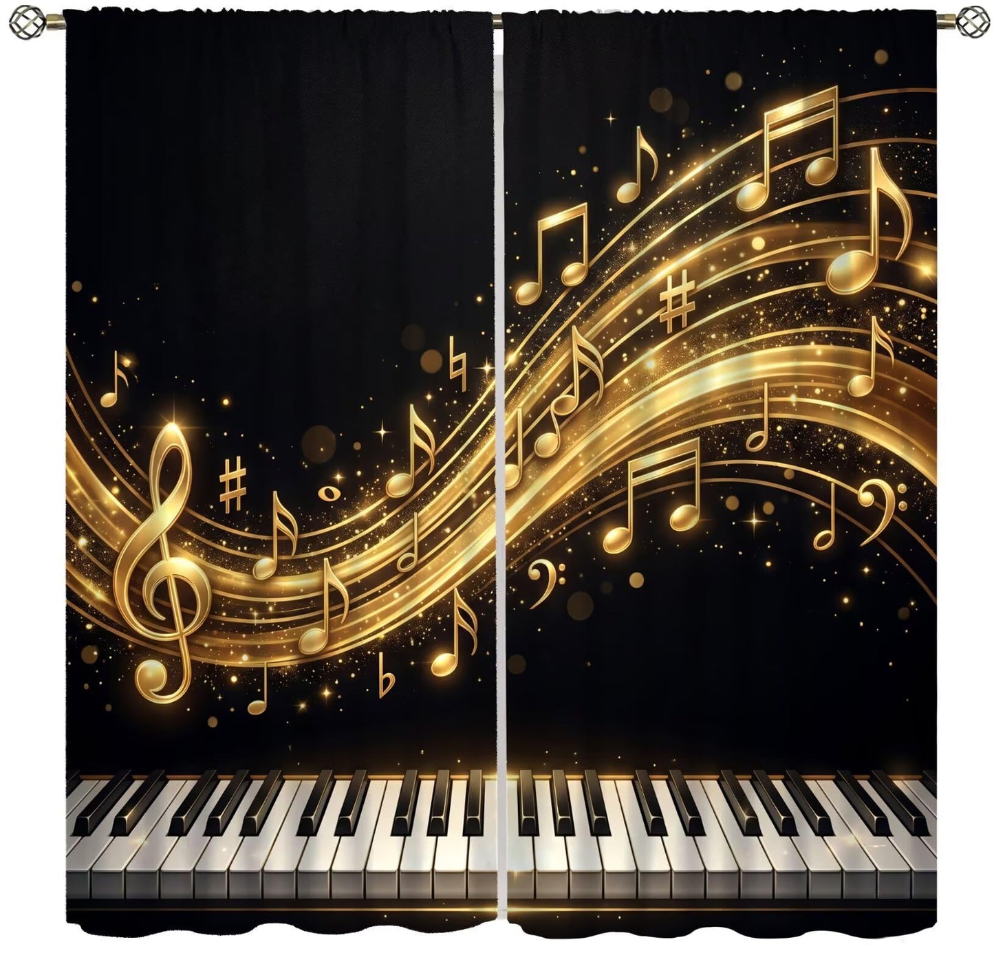 PHTAYOT Piano Key Music Curtains Black Golden Musical Notes Romantic Art Pattern Decor Window Drapes for Bedroom Living Room Home,2 Panels Set,42x45 Inch
