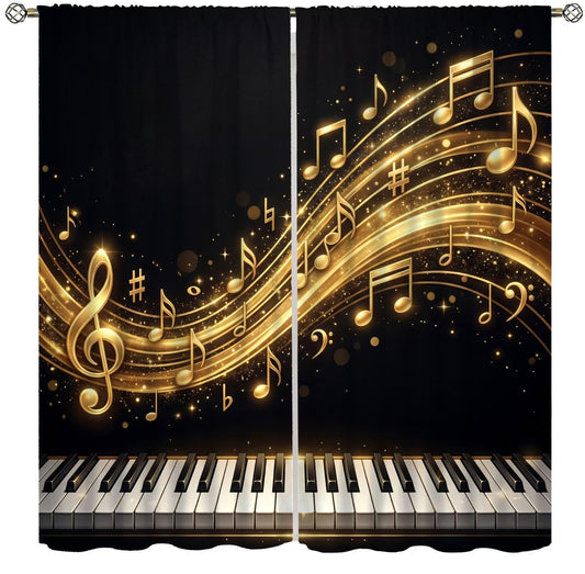 PHTAYOT Piano Key Music Curtains Black Golden Musical Notes Romantic Art Pattern Decor Window Drapes for Bedroom Living Room Home,2 Panels Set,42x45 Inch