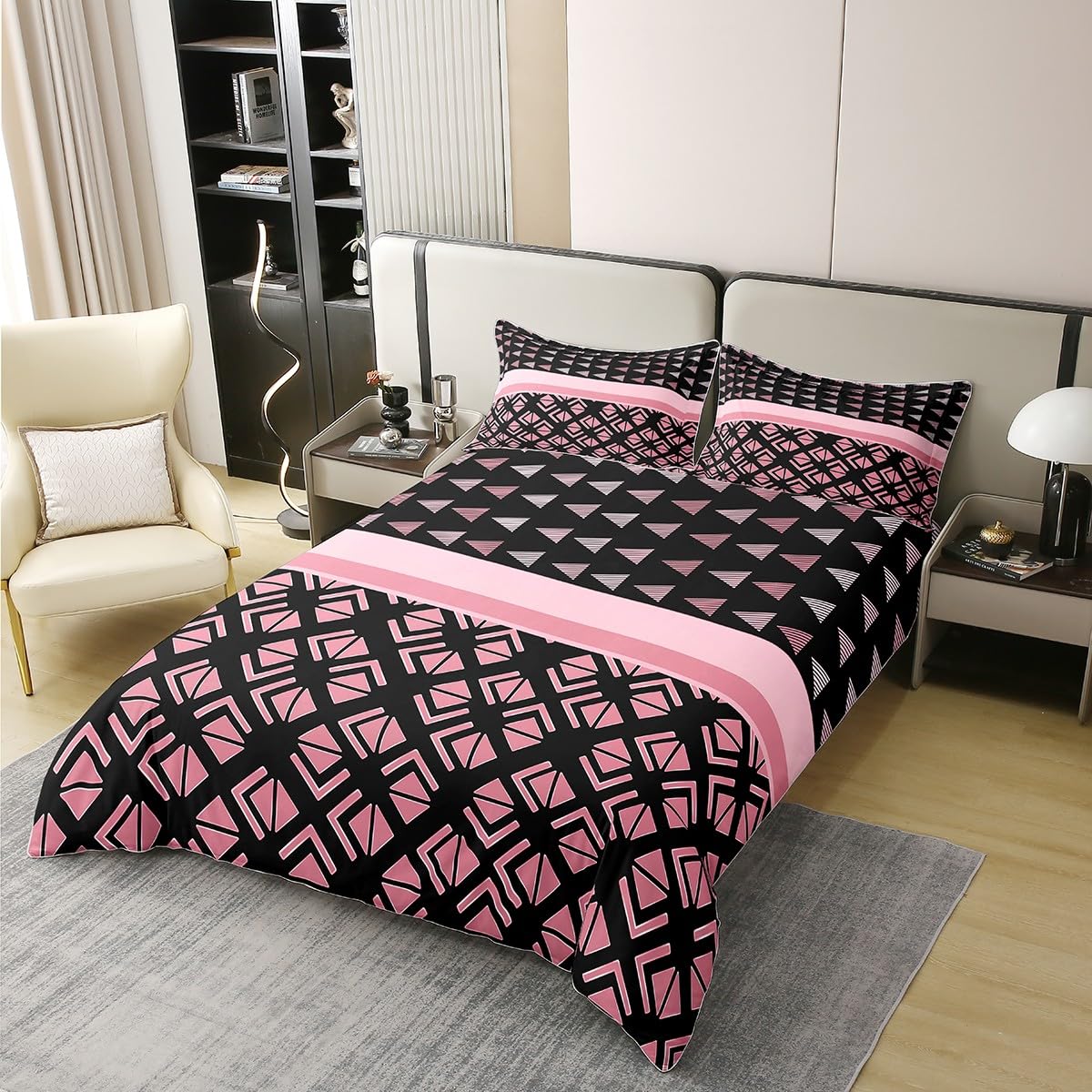jejeloiu Comforter Cover Set Hexagonal Geometrical Bedding Set for Kids Boys Girls Triangle Duvet Cover 100% Cotton Pink Black Bedspread Cover Bedding（No Comforter） Queen