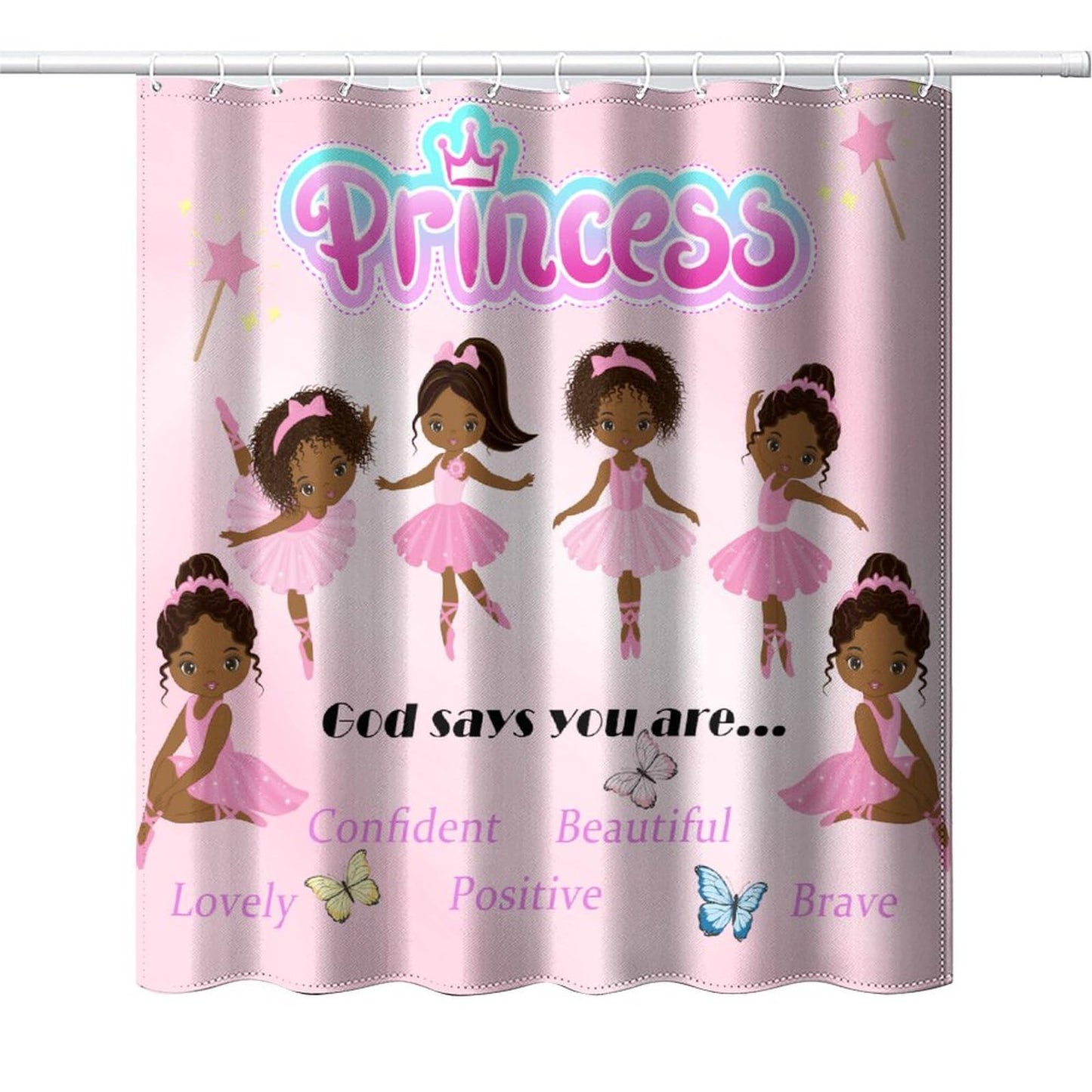 DDCBNS Ballerina Princess Pink Shower Curtain,Cute Cartoon Black Girls Print Shower Curtain for Bathroom Decor Fabric Waterproof Upholstery Hook 66x72 Inches