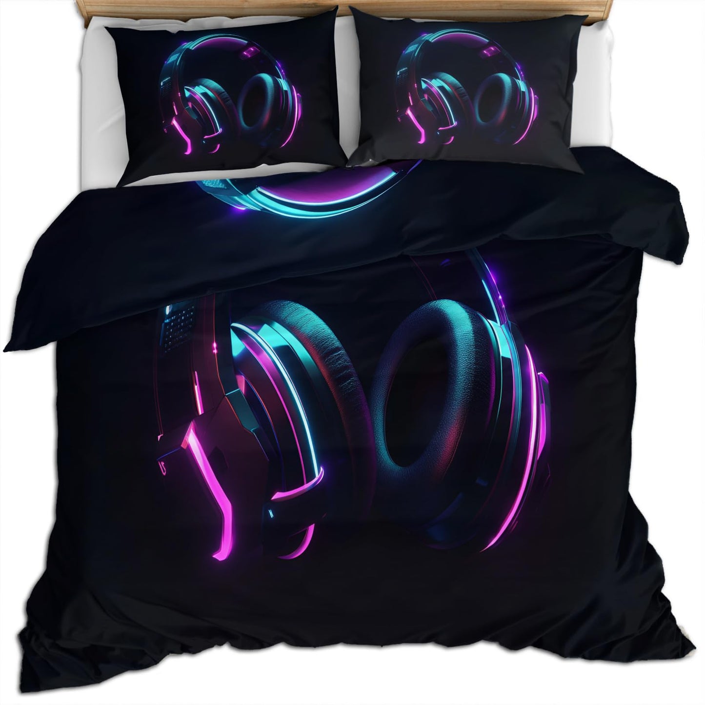 PAISUOQ Music Duvet Cover Queen, Cool Headphones Bedding Sets, Music Lover Comforter Cover with 2 Pillowcases, 3 Pieces with Zipper & Ties, Dorm Decor & Gifts