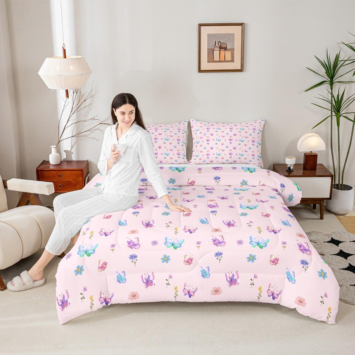 Feelyou Butterfly Kids Comforter Set Full Size Floral Bedding Set Farmhouse Garden Duvet Quilt for Kids Boys Girls Bedroom Cute Decor Purple Pink Microfiber Ultra Soft Breathable