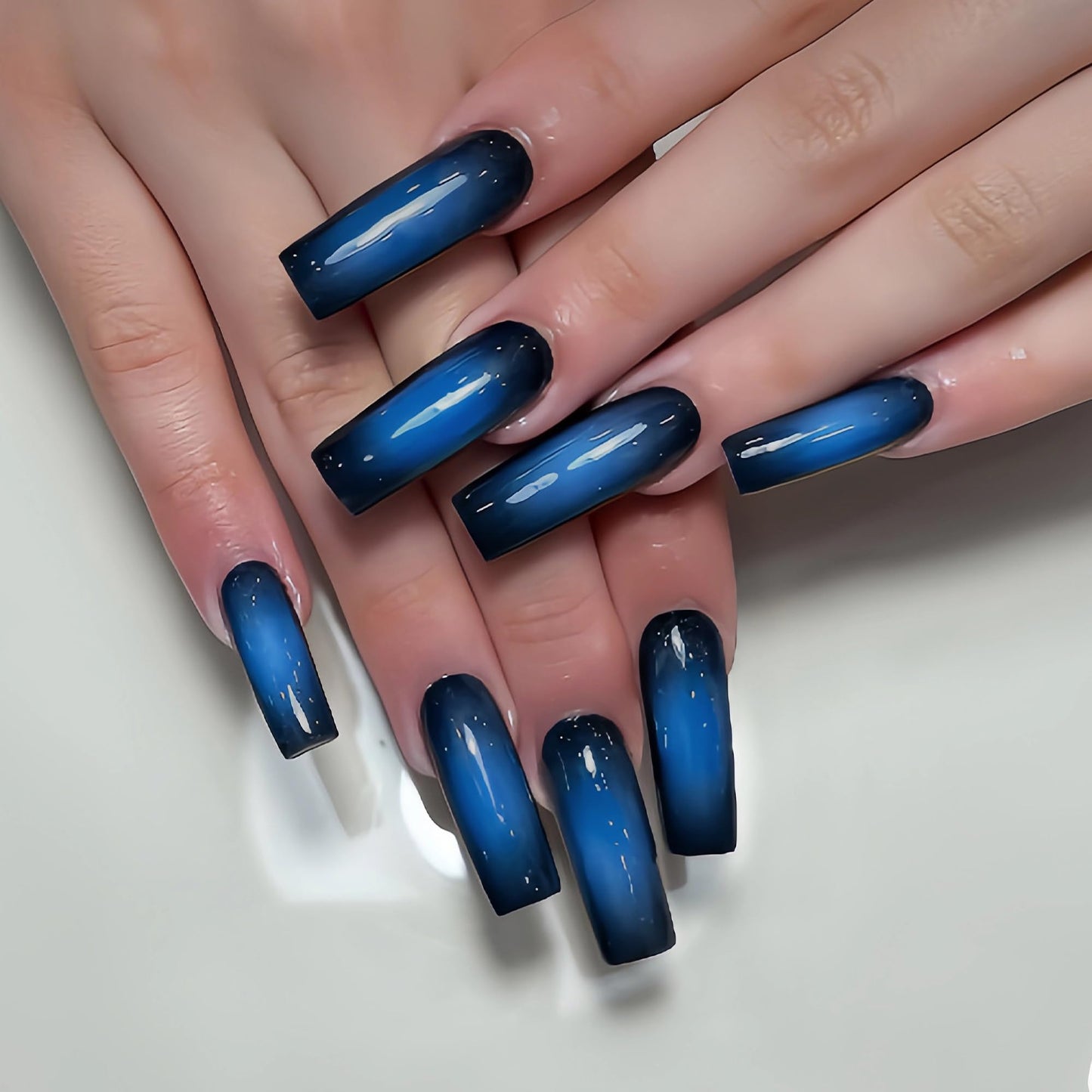 MERVF Long Square Press on Nails, Black Fake Nails Gradient Aura Blue Design Glue ons Solid Color Acrylic Nail Glossy 24pcs