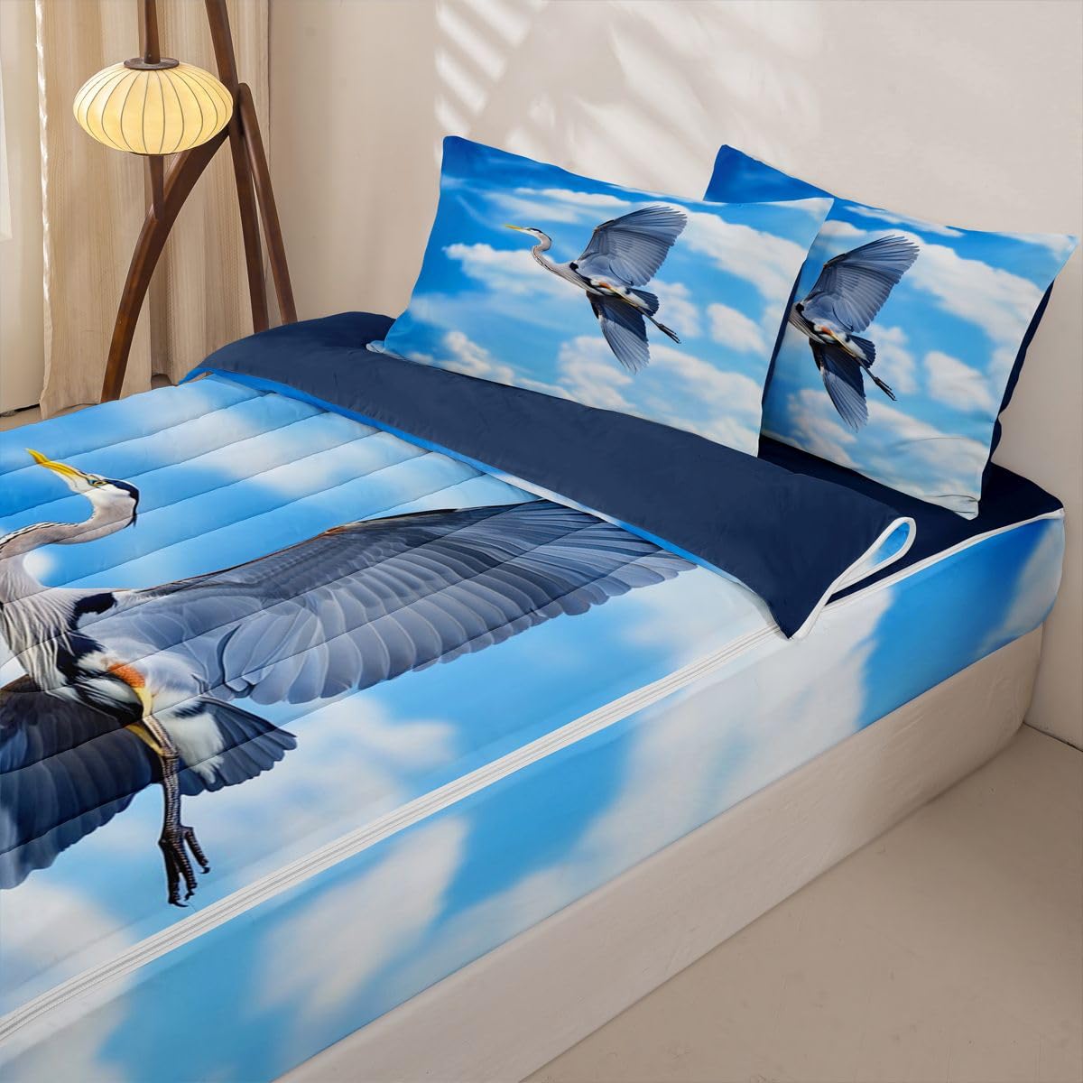 Erosebridal Flying Heron Zippable Comforter Blue Sky Twin Bedding Blue Heron Zipper Bed Set with Sheets White Clouds Bed in a Bag Bedroom Decor