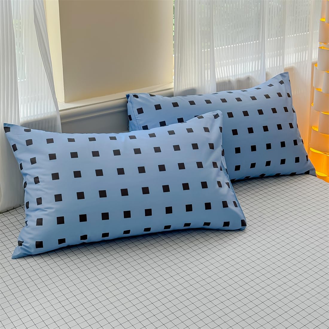 LIWHENHAO Plaid Duvet Cover Set Queen 100% Cotton Bedding Black Square Grid Checkered Dots on Blue 1 Modern Abstract Geometric Comforter Cover Full 2 Pillowcases for Kids Girls Boys Woman