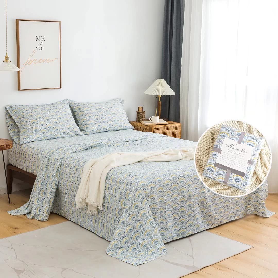 KACEMOO Queen Bed Sheet Set, 4PC Boho Sheets Queen Pattern Blue Floral Bed Sheet Cooling Soft 17”Deep Pocket Microfiber Brushed Sheet, Easy Care, Breathable, Wrinkle Free, Machine Washable Bed Set