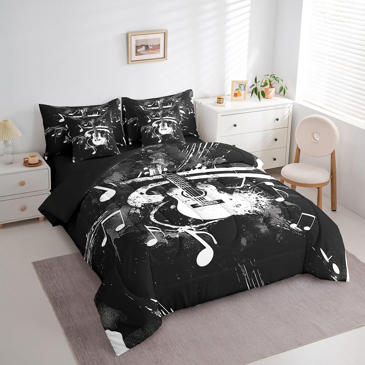Feelyou Guitar Comforter Set with Sheets Queen Size Rock Music Bed in a Bag for Boys Girls Teens Black 7 Pieces Bedding Set Soft Lightweight Microfiber
