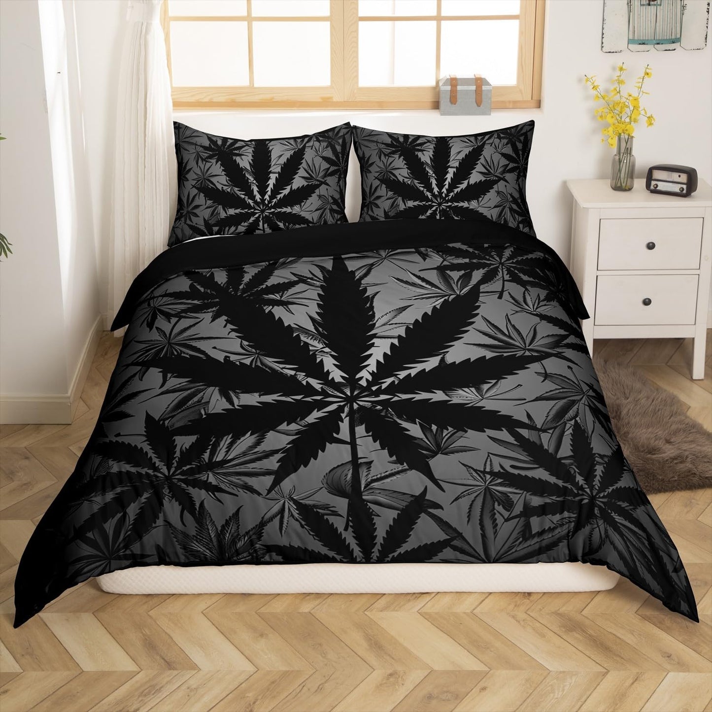 Erosebridal Leaf Comforter Cover for Kids, Teens - Neon Duvet Cover King, Lightweight Bedding Set, Botanical Plants Bed Cover with 2 Pillow Shams