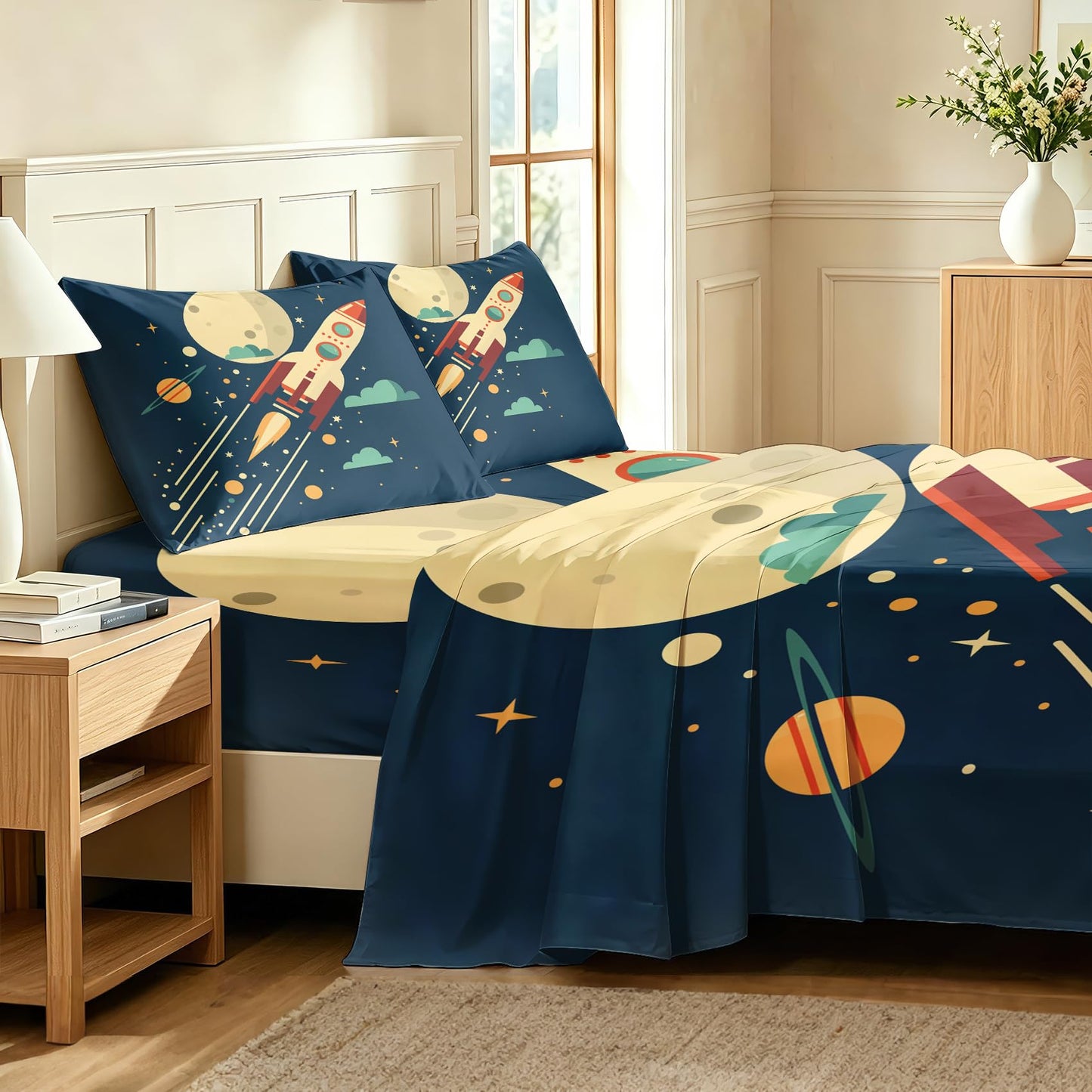 Rocket Ship Bedding Set 4 Pcs Kids Space Queen Sheets