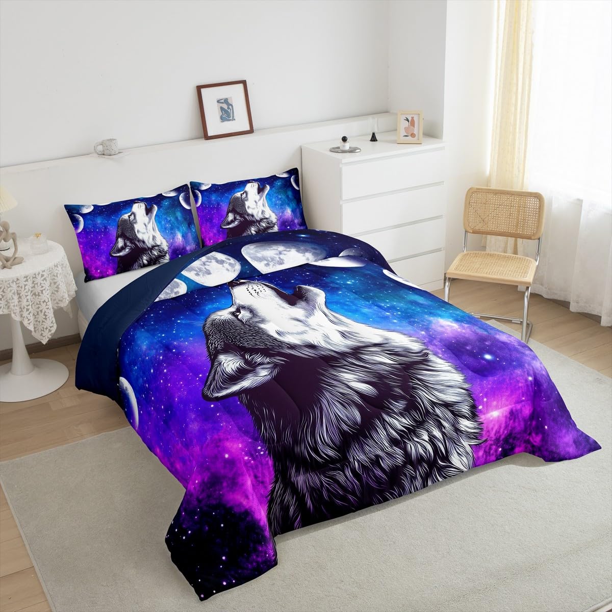 Erosebridal Howling Wolf Quilted Duvet Blue Purple Starry Sky Bedding Set Full Size,Galaxy Series Comforter Set for Child Teens Youth Man,Stars Moon Duvet Filler Wild Animal Themed Room Decor