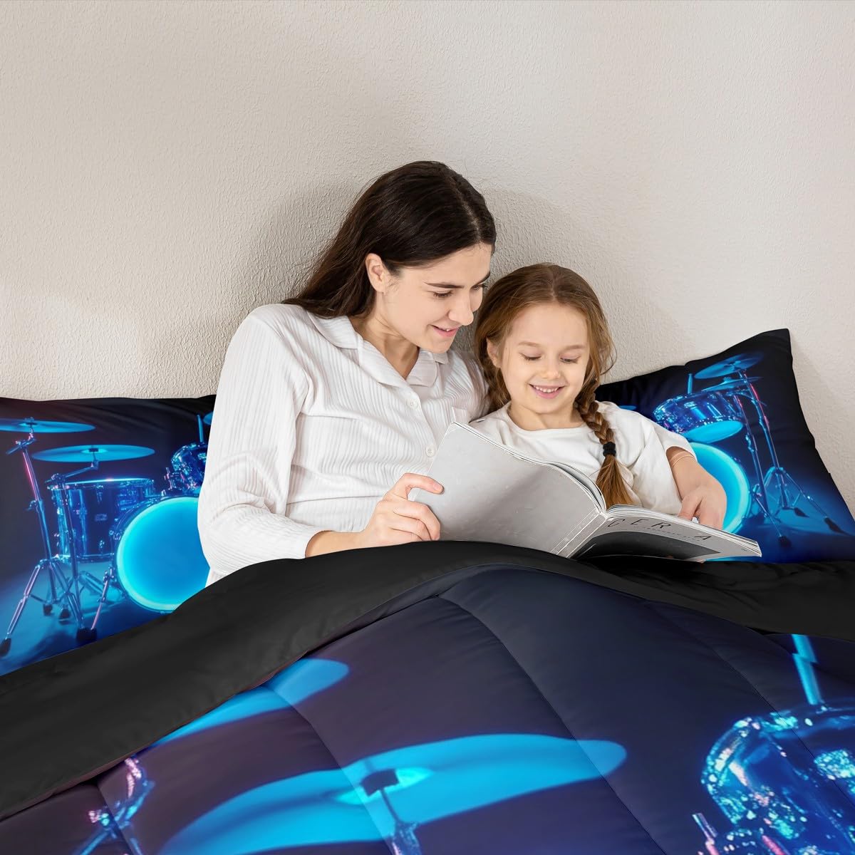 Erosebridal 3D Drum Kit Kids Comforter Sets Blue Light Drum Kit Queen Bedding Set for Boys Girls Rock Musical Instrument Comforter Set,Rock Music Theme Quilt Duvet 3 Pcs