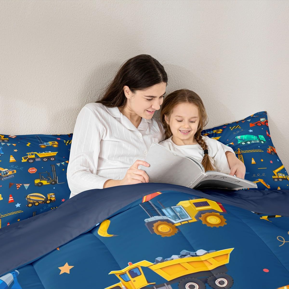 jejeloiu Cartoon Car Kids Comforter Set Twin Size Excavator Bedding Set Construction Duvet Quilt for Kids Boys Girls Bedroom Equipment Trucks Decor Microfiber Ultra Soft Breathable