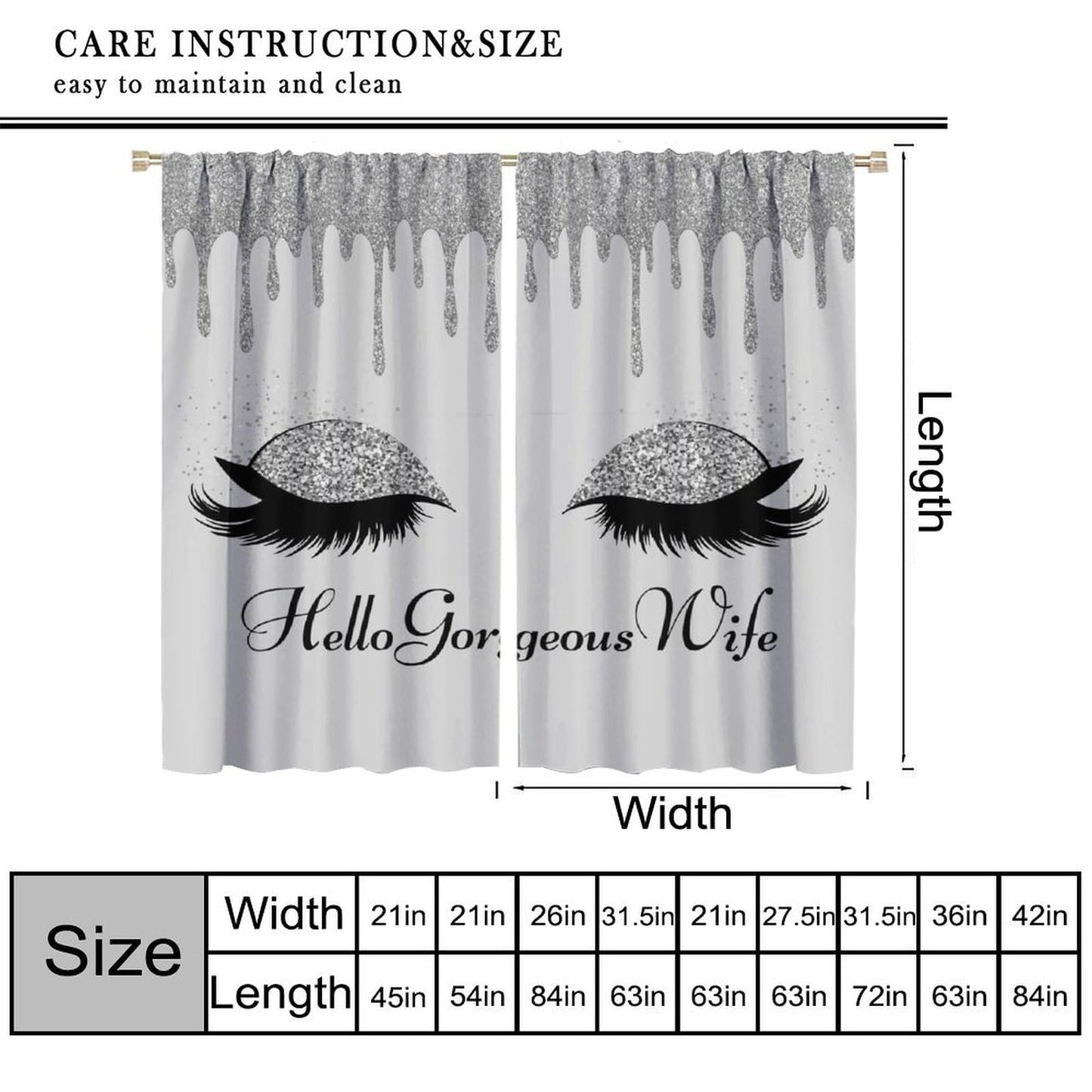 VUMIVI Hello Gorgeous Curtains Silver Drip Eyelashes Makeup Fashion Trend Window Treatments for Girls Kids Bedroom Living Dining Room 42" W X 44.5" L