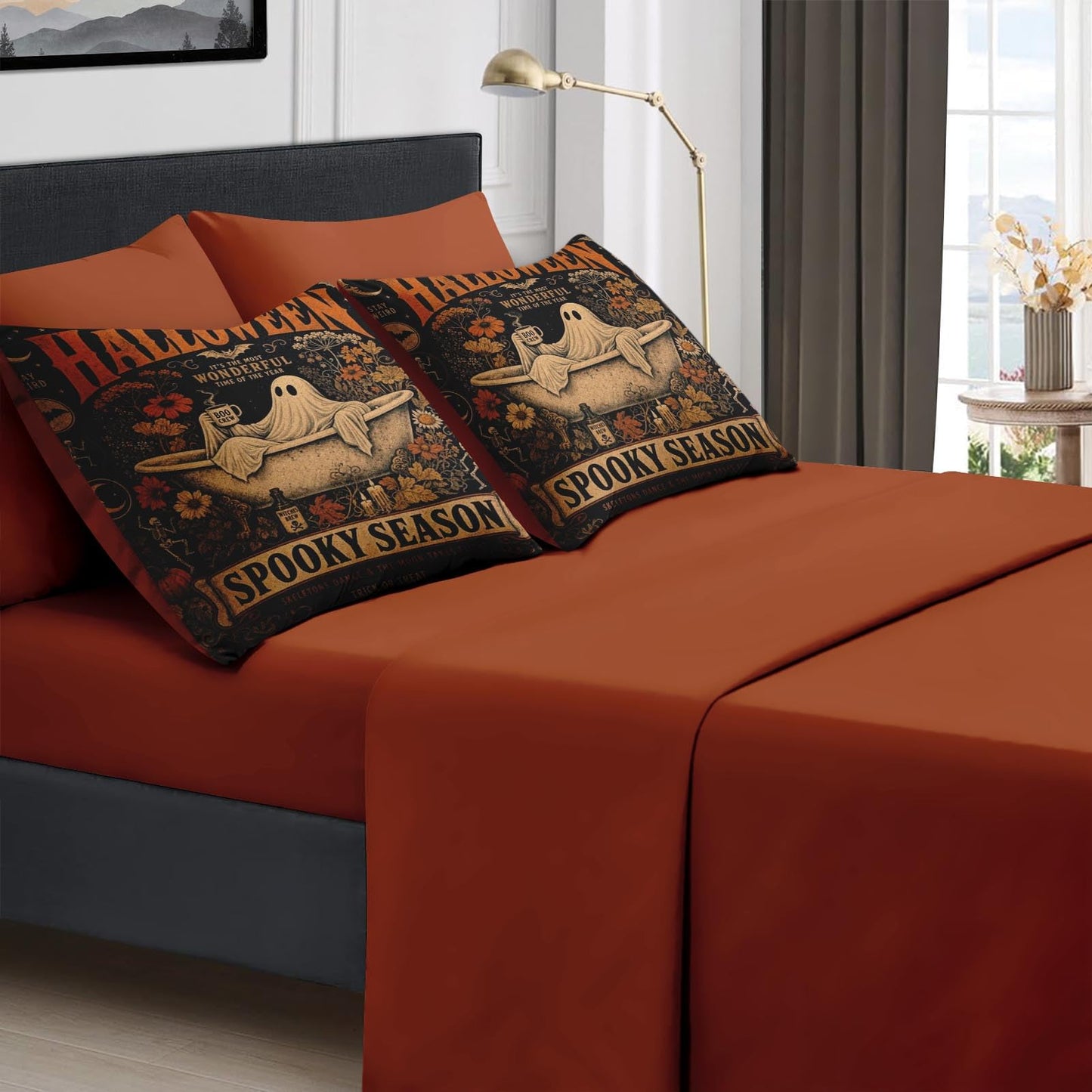 Boewywh Comforter Set Twin Size Halloween Ghost Spooky 7 Pcs, Bedding for Kids and Adults, Bed Sheet Sets with Fitted Sheet 2 Pillowcases & 2 Shams for Bedroom Bed Decor