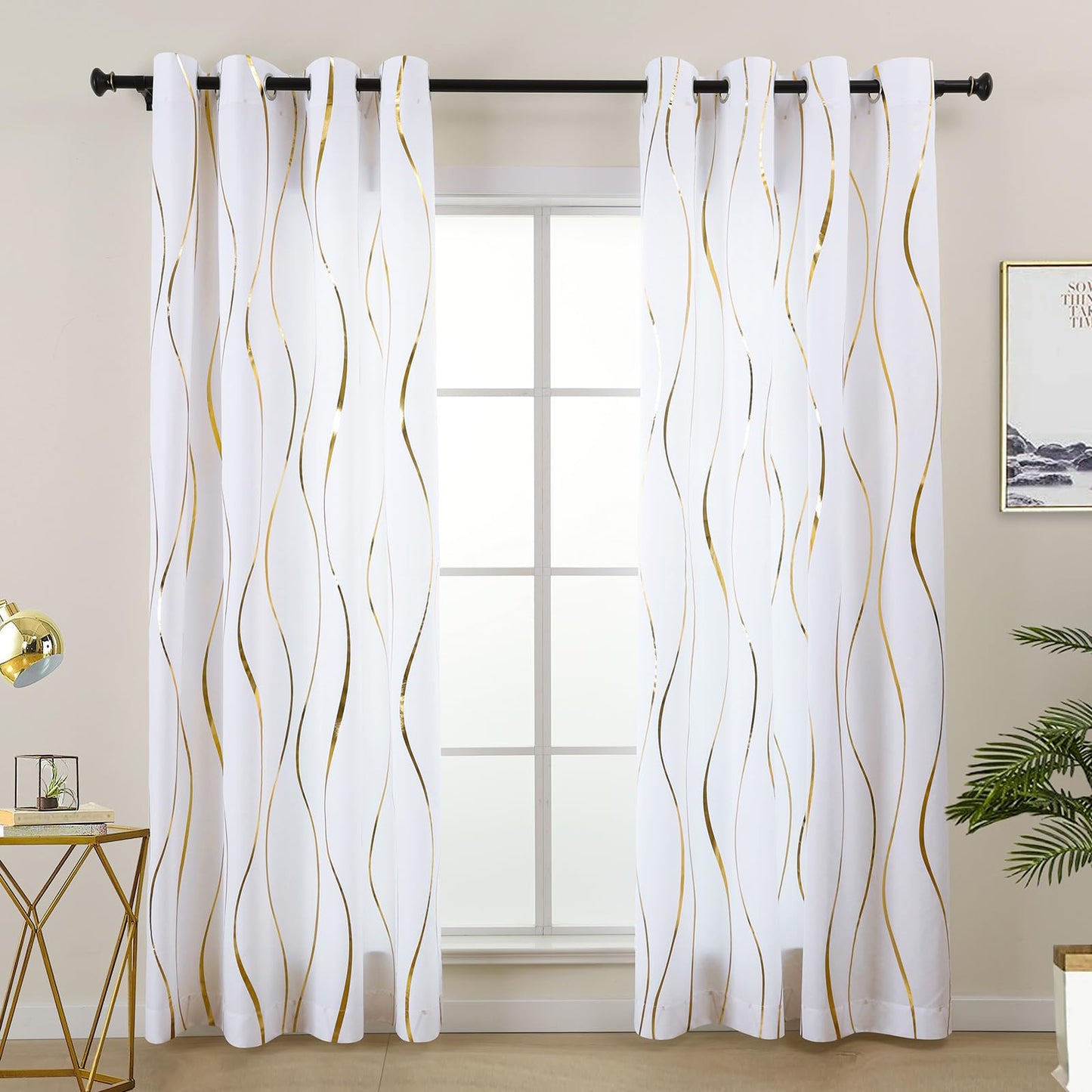 L.Z.E White Privacy Curtains 72 Inches Long 2 Panels Set, Light Filtering Non-See-Through Curtains & Drapes for Living Room Bedroom Nursery, Elegant Gold Wave Pattern Grommet Top Window Treatment
