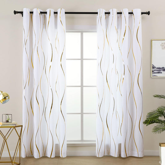 L.Z.E White Privacy Curtains 72 Inches Long 2 Panels Set, Light Filtering Non-See-Through Curtains & Drapes for Living Room Bedroom Nursery, Elegant Gold Wave Pattern Grommet Top Window Treatment