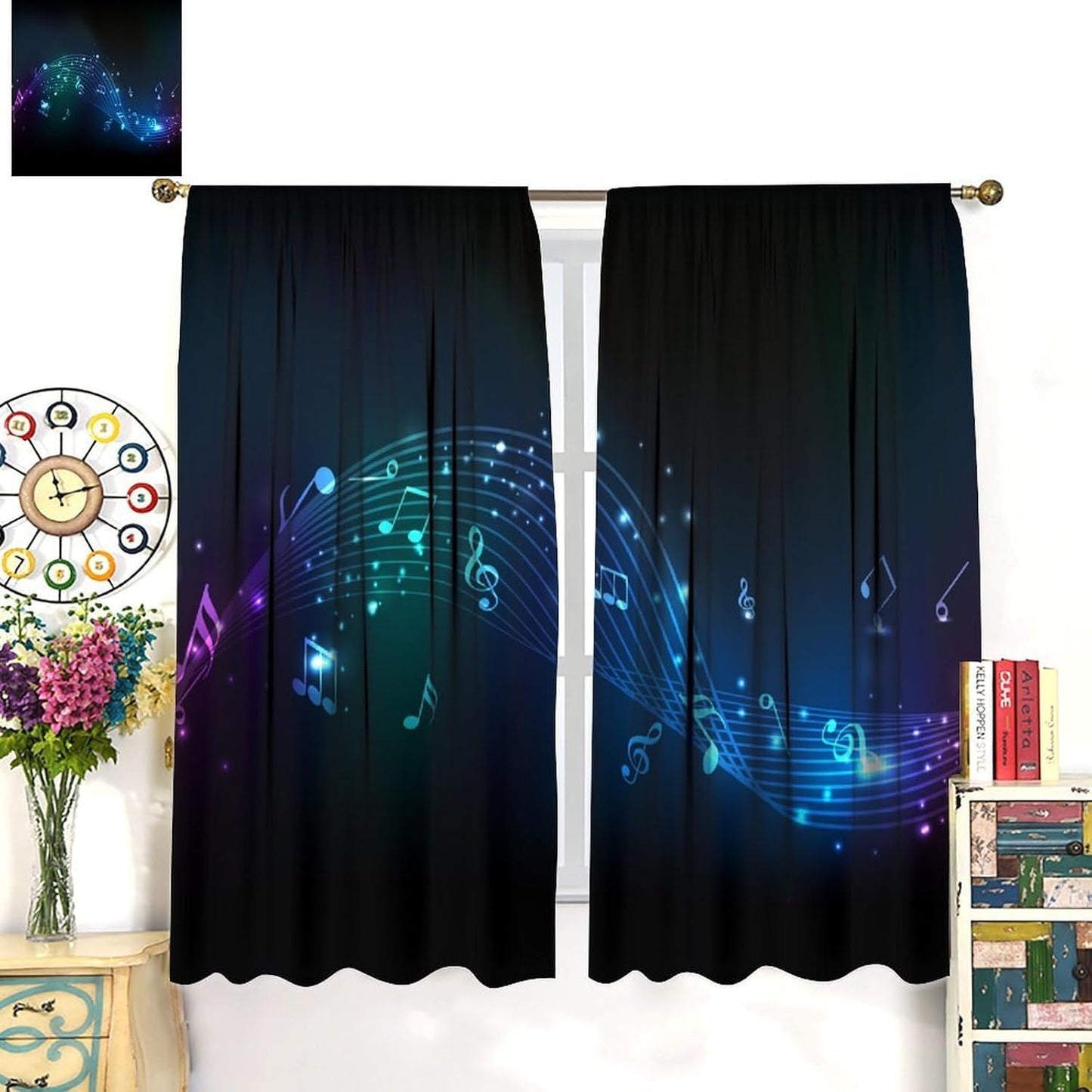 HZOHNAGO Music Curtain Blue Cyan Purple Dancing Notes Pattern Blackout Print Rod Pocket Window Drapes for Bedroom Living Room 42x45in