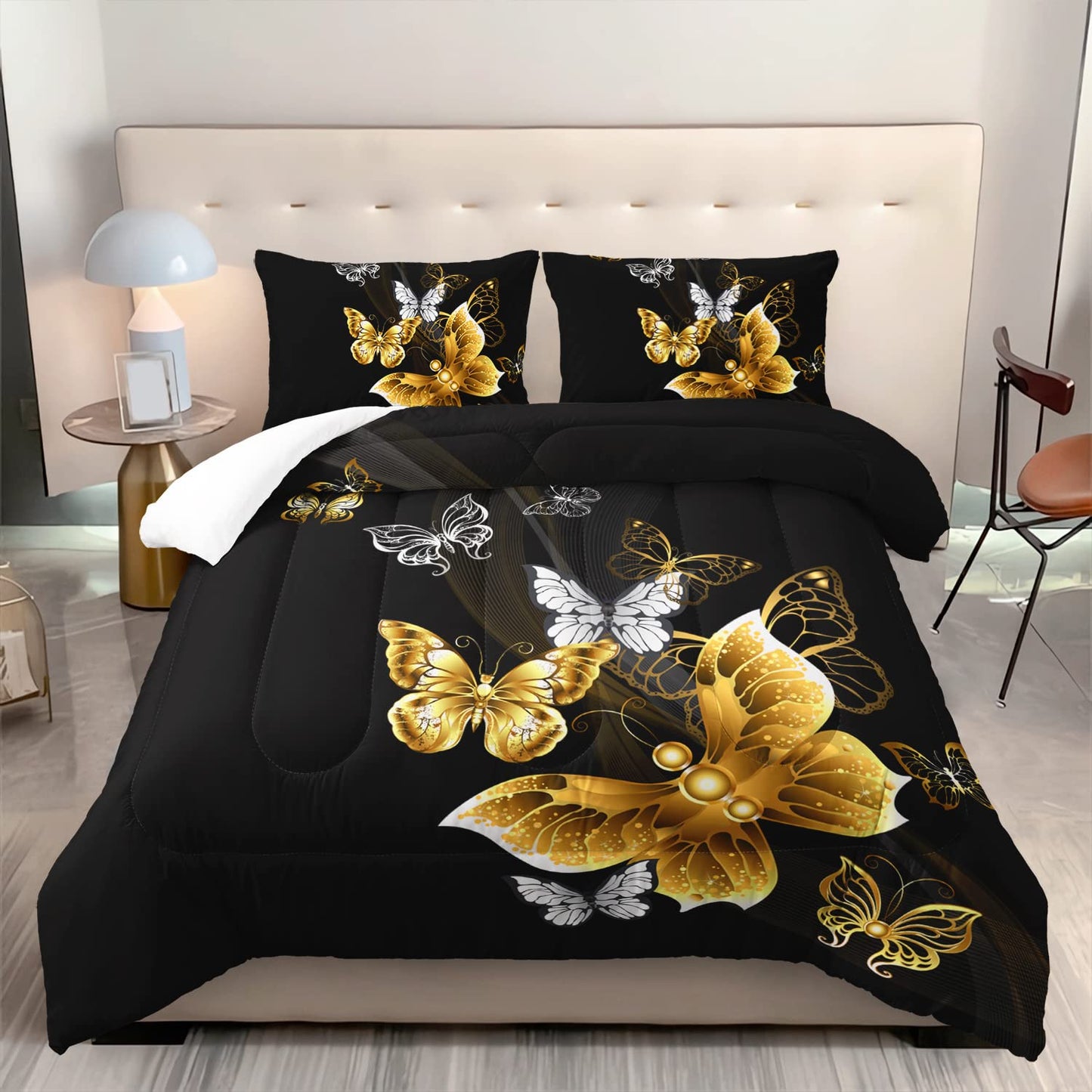 XYNHML Butterfly Comforter Set for Adults Black and Gold Butterfly Bedding Set Aesthetics Butterflies Quilt Duvet Set Full Size with 1 Comforter and 2 Pillowcases