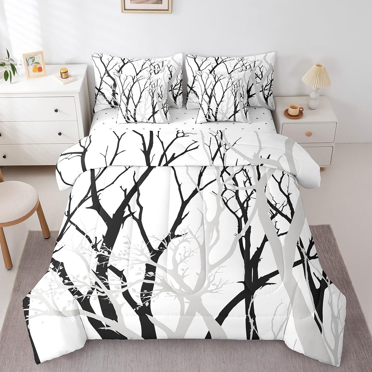 Erosebridal Tree Branch 7 Pcs Comforter Set Queen Size Abstract Ink Bedding Abstract Plant Art Work Botanical Bed in A Bag for Kids Boys Girls Modern Geometric Simple Black Grey Bed Set