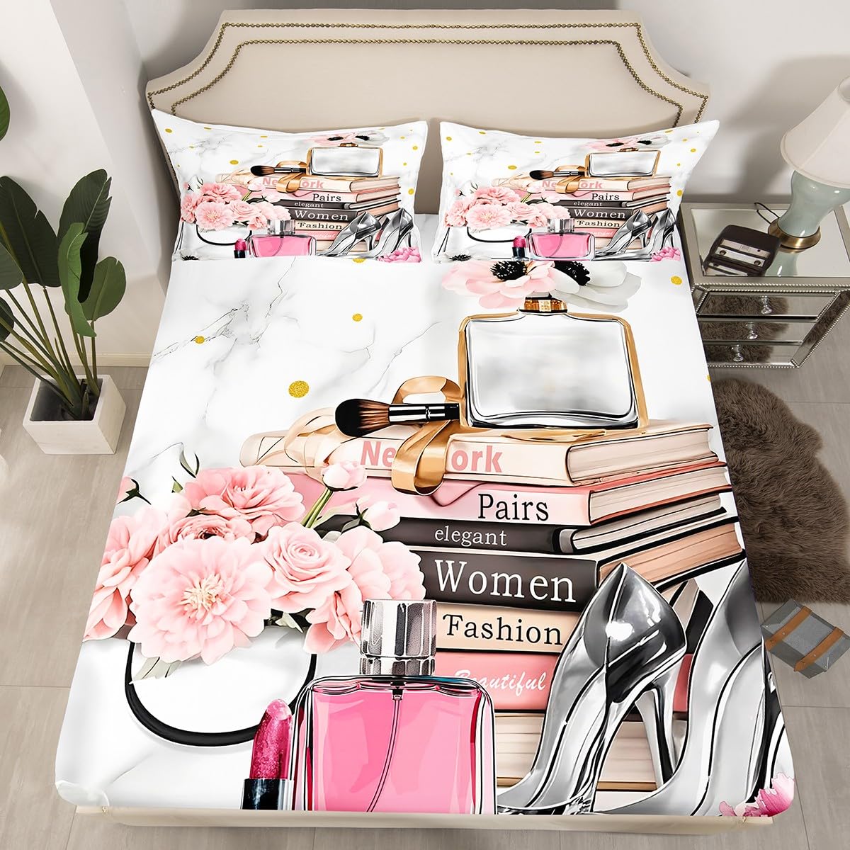 Erosebridal Fashion Pink Sheet Set King Size Flower Perfume Girly Bed Sheets for Girls Women White Gray Gold Marble Sheets High Heels Magazine Books Bedding Set
