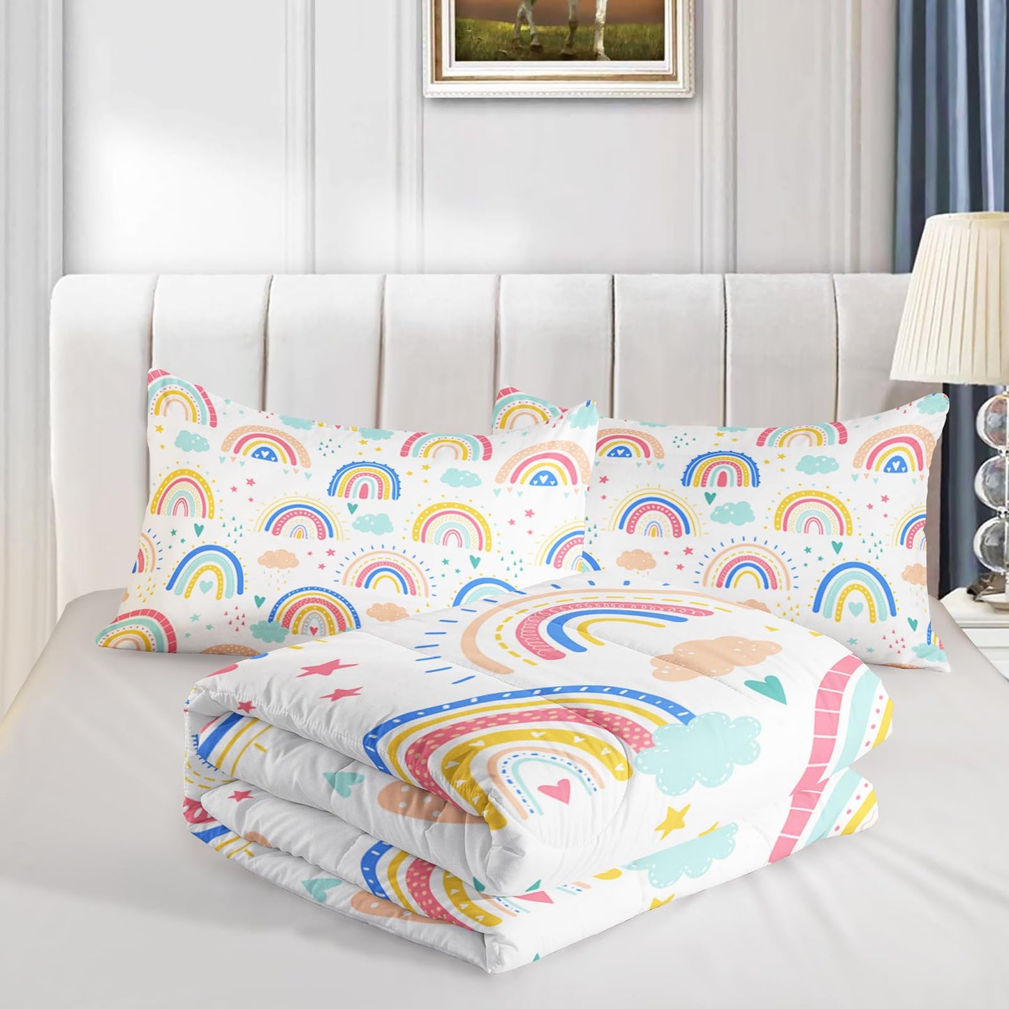 QOOMO 3Pcs Rainbow Comforter Set Twin,Cloud and Star Bedding Set for Teens Boys Girls,Colorful Printed Comforter with 2 Pillowcases,Down Alternative,Soft and Lightweight
