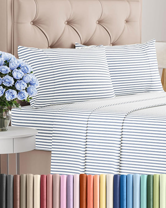 Full Size 4 Piece Sheet Set - Comfy Breathable & Cooling Sheets - Hotel Luxury Bed Sheets for Women & Men - Deep Pockets, Easy-Fit, Soft and Wrinkle Free Sheets - Blue Stripes Oeko-Tex Bed Sheet Set