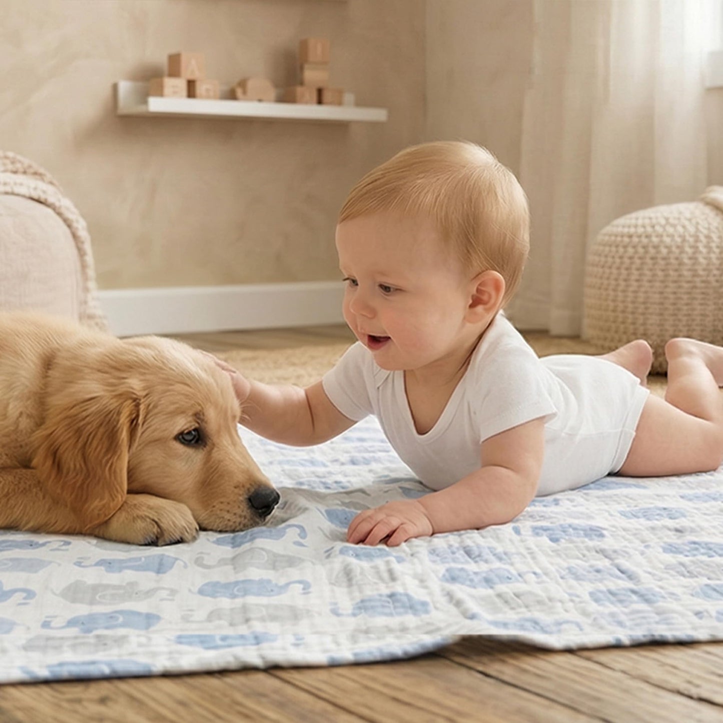 Muslin Swaddle Blankets for Newborn, 3-Pack Cotton Receiving Blankets, Large 40 x 38 inches, Baby Blankets for Boys and Girls, Wrap Burp Cloths, Registry Essentials, Shower Gifts, Elephant & Blue