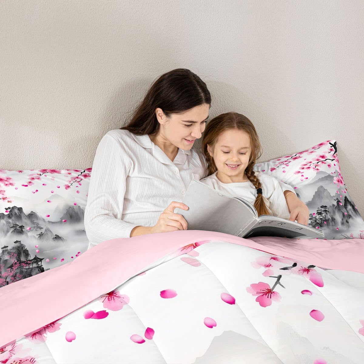 jejeloiu Chinese Ink Painting Comforter Set Queen Size Cherry Blossom Bedding Set for Kids Boys Girls Japanese Style Duvet Quilt Mountain Bedroom Decor Microfiber 3 Pcs with 2 Pillow Cases