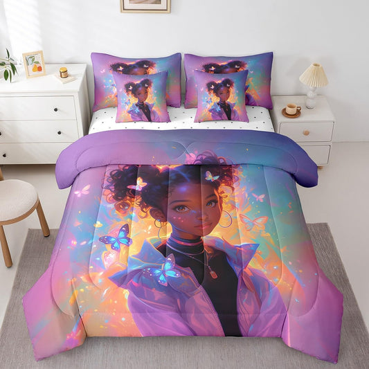 Castle Fairy Cool Girl Bedding Set,Neon Dreamy Butterfly Twin Comforter Set with Sheets for Kids Girls Teens Room Decor,African American Style Bed in a Bag 7 Piece for Bedroom Living Room
