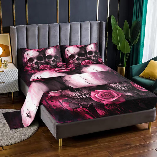 Nttopship Skull 4 Pieces Bed Sheet Sets Full Size Vintage Sugar Pink Bedding Sets with 16" Deep Pockets Gothic Skull Skeleton Flower Bedroom Decor,Bedding Set 4 PCS(1 Fitted+1 Flat+2 Pillowcases)
