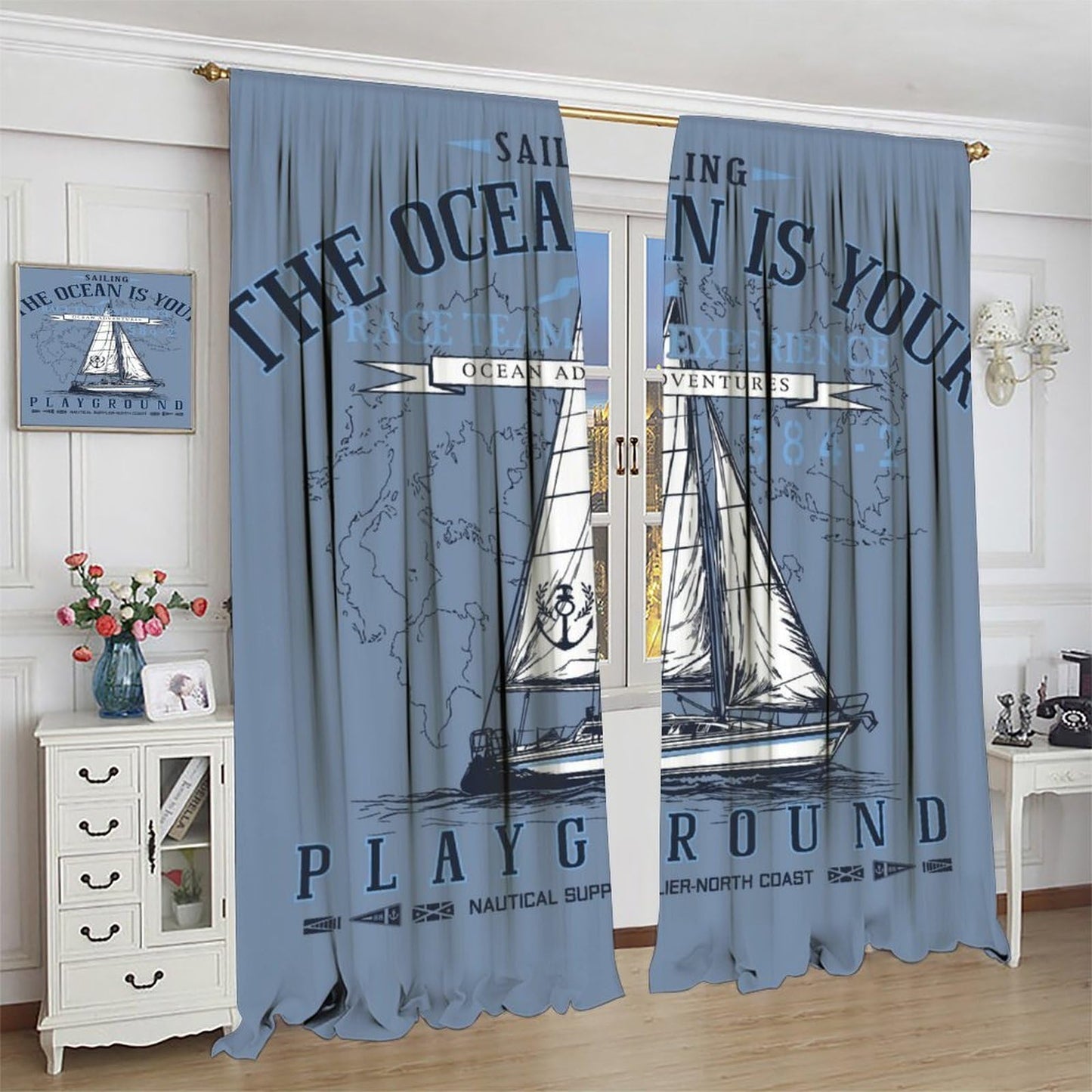 Ocean Nautical Curtain, Funny Retro Coastal Sailboat World Map Pattern Print Decor Rod Pocket Window Treatments, for Bedroom Living Room Kitchen 42" W X 45" L