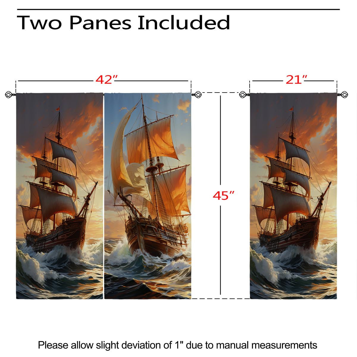 Nautical Blackout Curtains for Girls Boy Home Decor, Pirate Ship Sailboat Sailing Adventure Ocean Grommet Thermal Insulated Drapes Darkening Window Curtain for Bedroom Living Room, 42 x 45 Inch