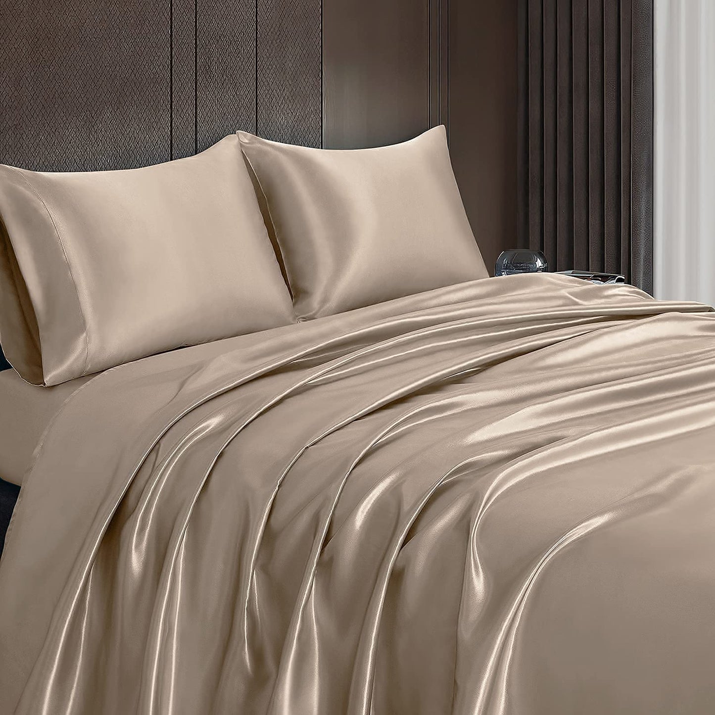 Homiest 4pcs RV Short Queen Satin Sheets Set Luxury Silky Satin Bedding Set with 10" Deep Pocket, Camper Queen Sheets, 1 Fitted Sheet + 1 Flat Sheet + 2 Pillowcases (RV Short Queen, Taupe)