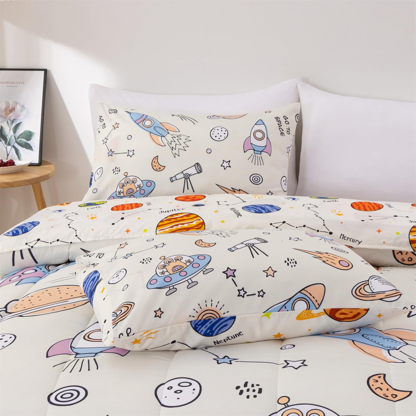 Aimuan Space Comforter Twin Set Kids Rocket Bedding Set Super Soft & Cute Aliens UFO Printed for Boys Girls Teen (Cream, Full 5Pcs)