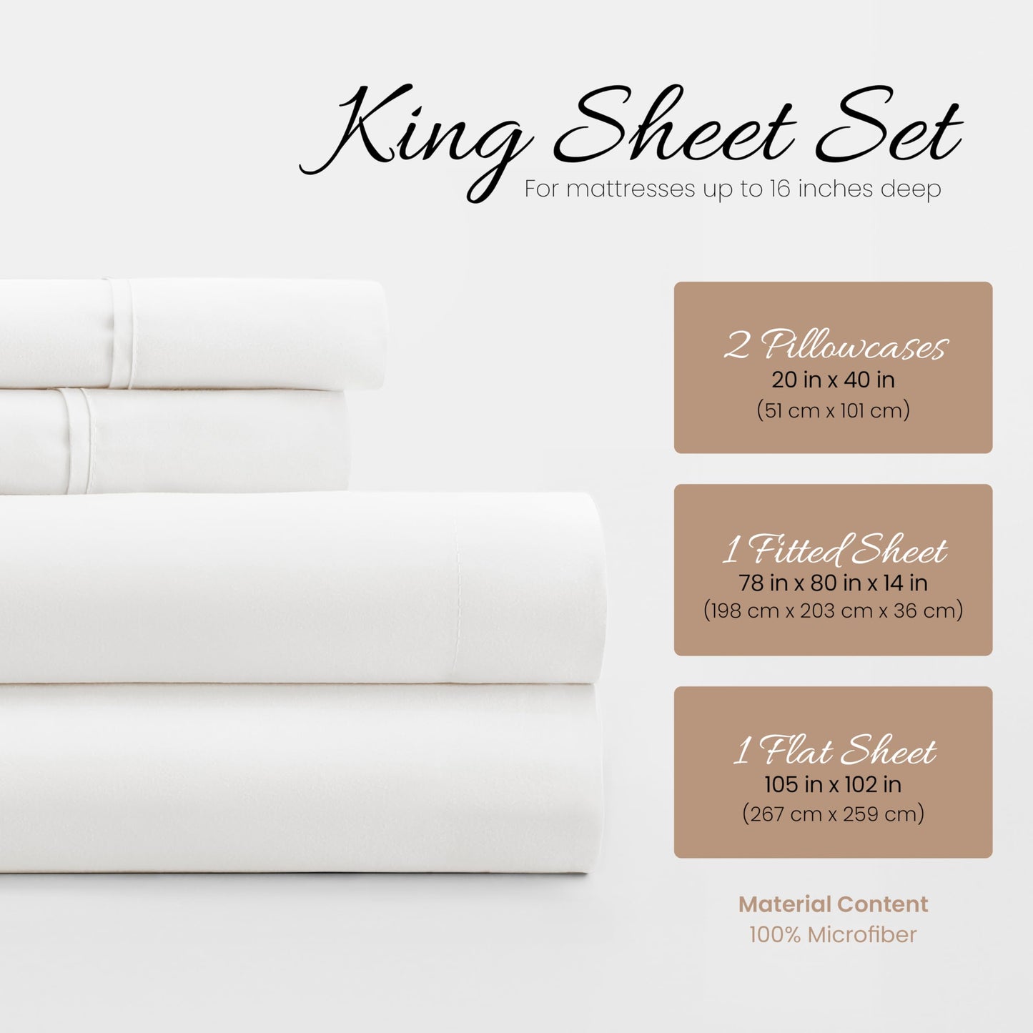 Linen Market Brushed Microfiber King Sheet Set 4 Piece – Oeko-TEX Certified Ultra Soft & Wrinkle-Free - 16" Deep Pocket Sheets - Easy Care King Size - White