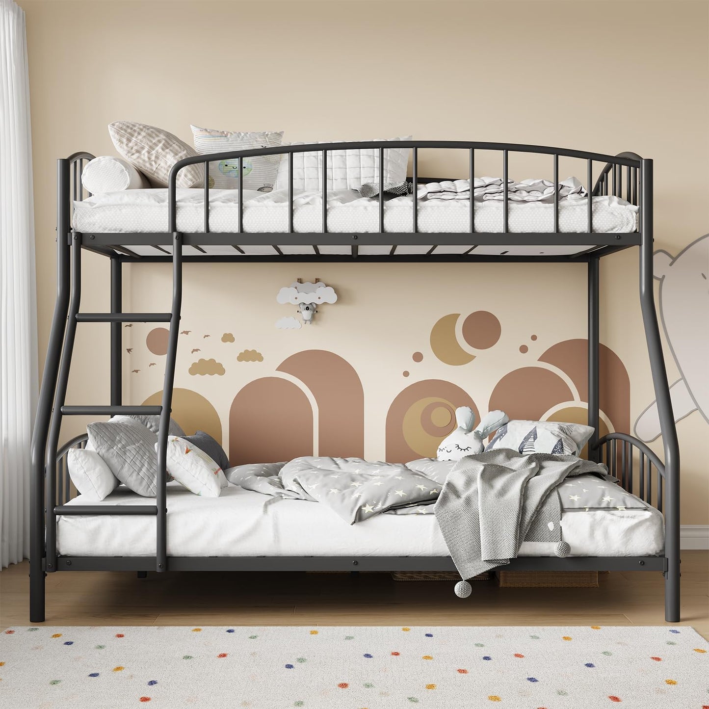Garvee Bunk Bed Twin Over Full with Ladder and Arched Guardrail, Heavy Duty Bunkbeds Frame with Sturdy Steel Slats Support for Kids Boys Girls, Space-Saving, No Box Spring Needed, Black