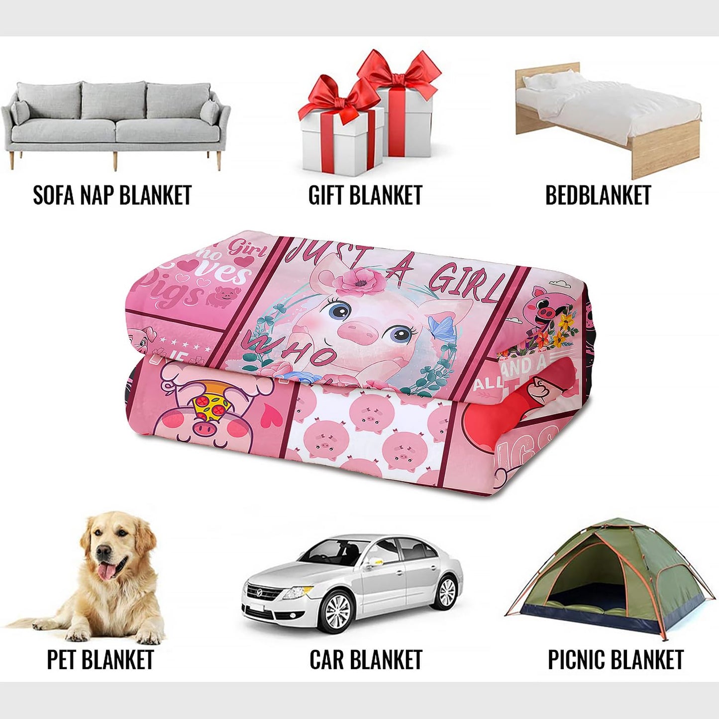 XSMEI Pig Throw Blanket, Cute Piggy Quotes Pattern, Soft Cozy Fleece Blanket for Couch Bed, 60 x 80 Inches