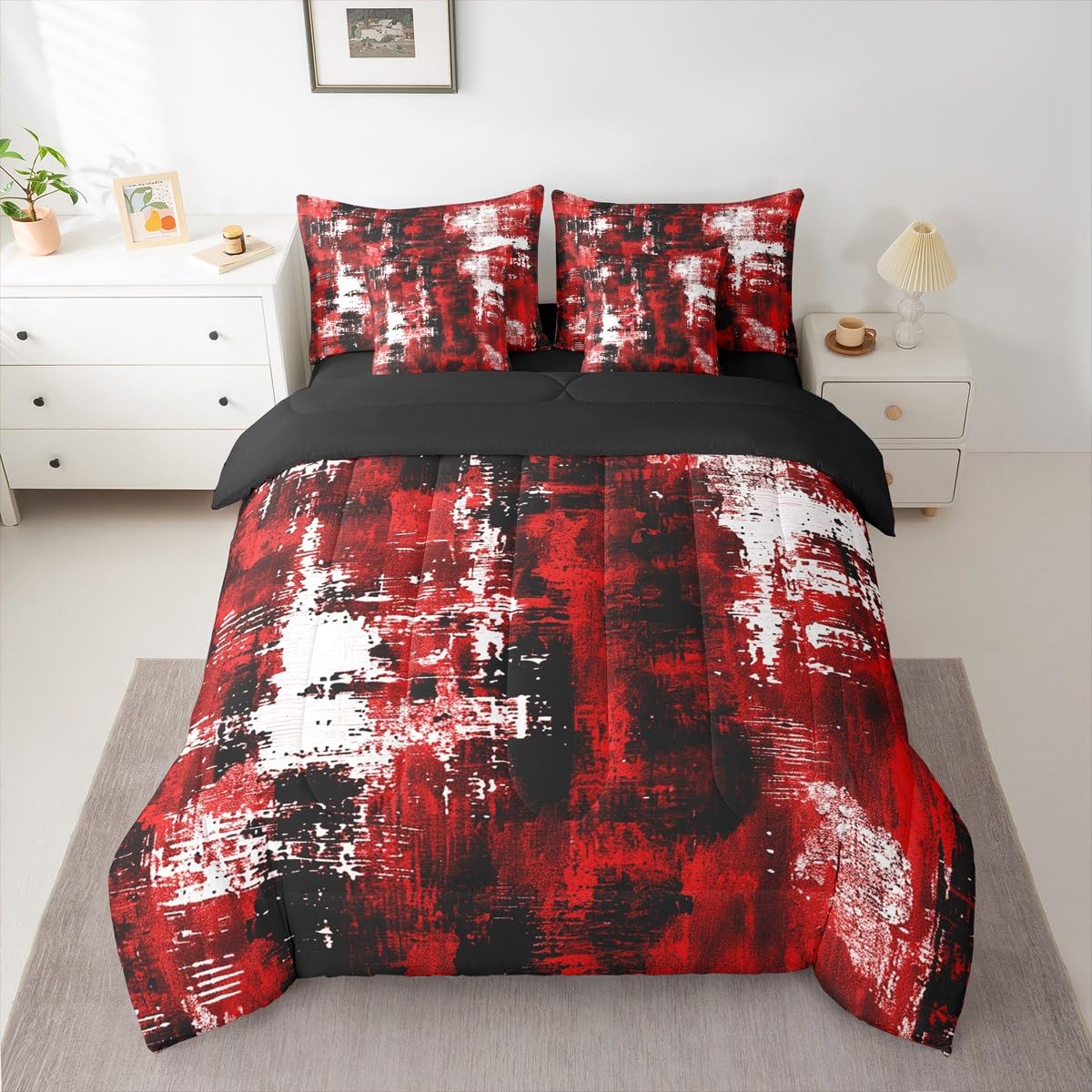 Feelyou Abstract Queen Comforter Set with Sheets for Kids Boys Girls Modern Abstract Art 7 Pieces Bedding Set Black Red Bed in a Bag Luxury Room Decor Geometric Soft Lightweight Microfiber