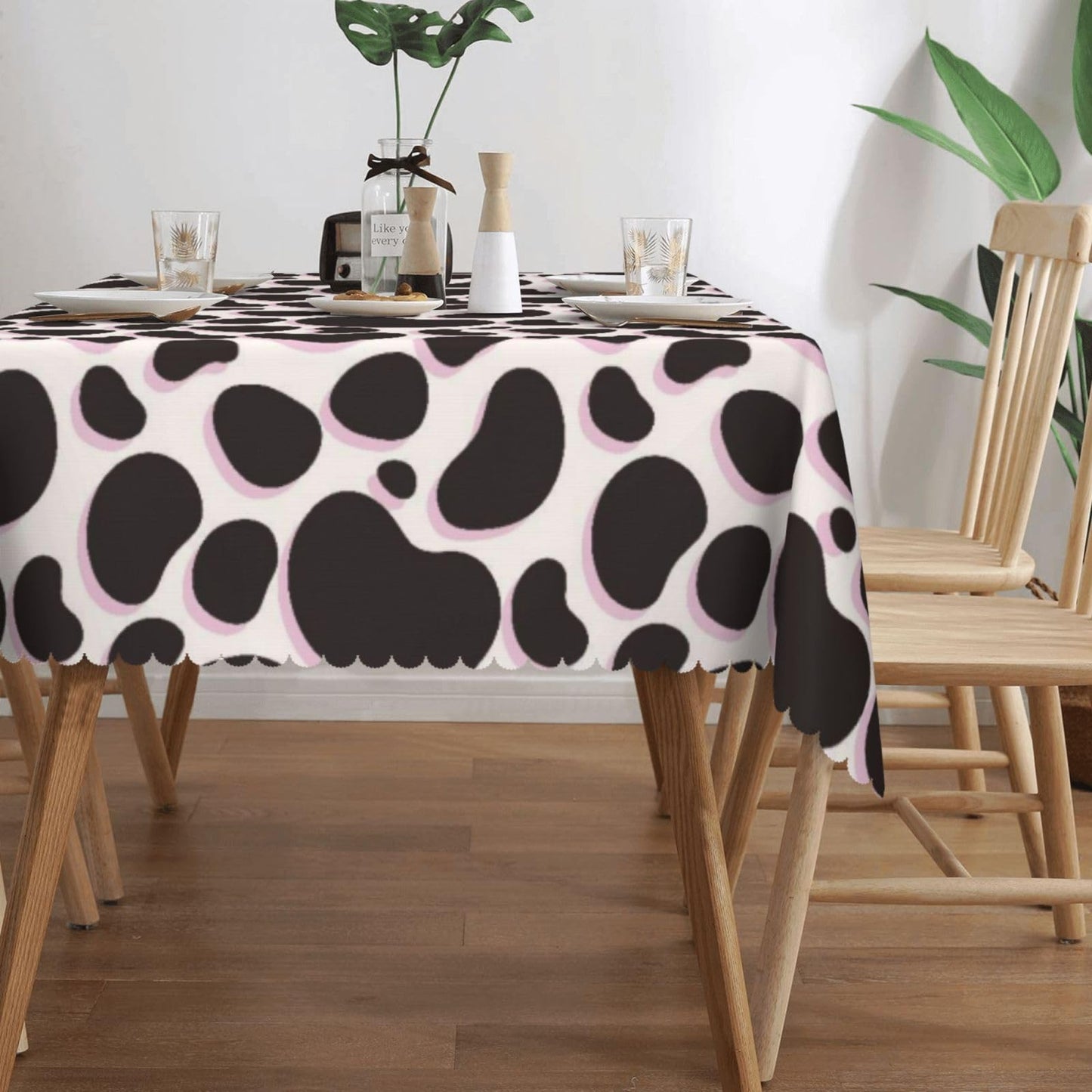 DRAVVIX Animal Skin Texture Rectangular Tablecloth Black Cow Print Table Cloth with Wavy Lace Decoration Polyester Table Cover for Dining, Parties 54x72 inch
